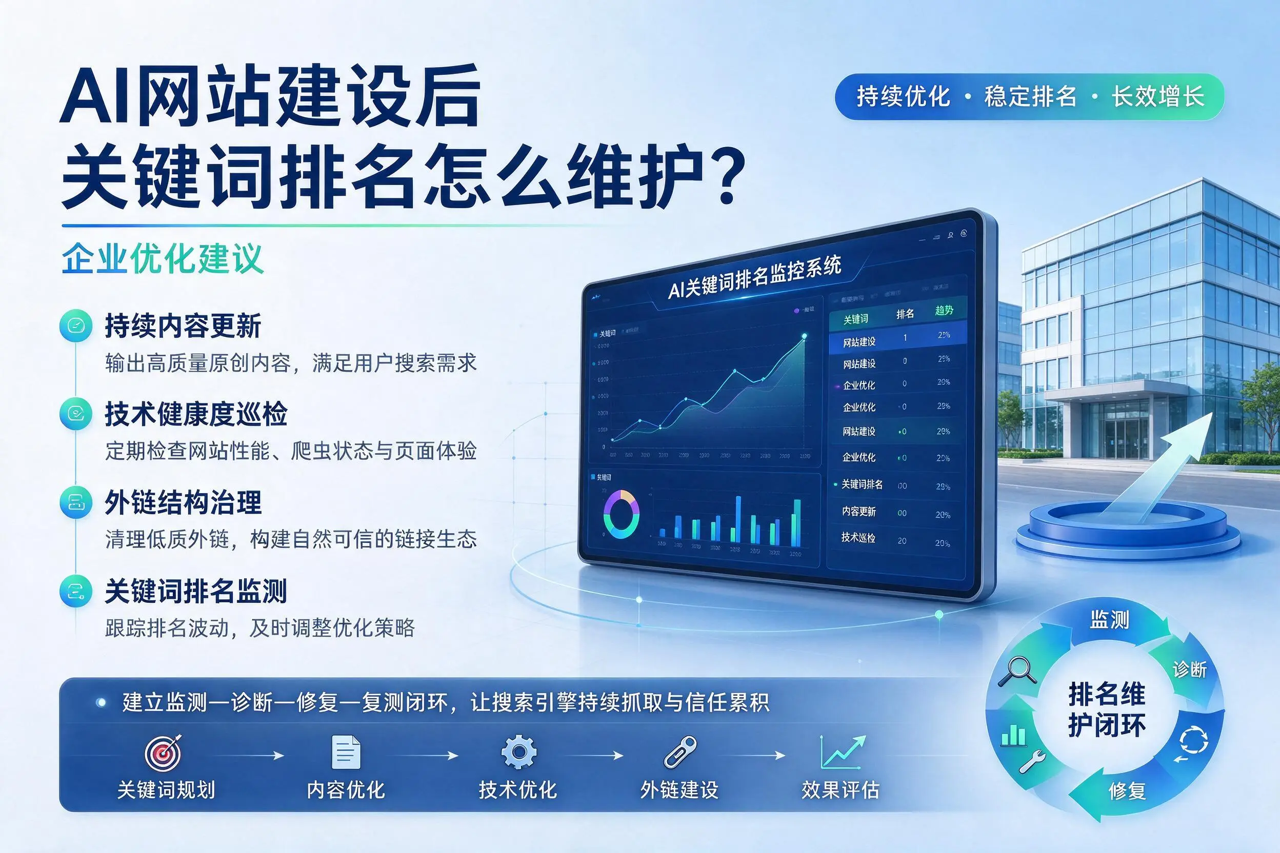 AI网站建设后关键词排名怎么维护？防城港企业优化建议